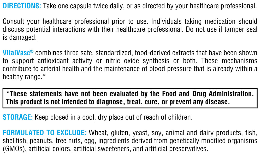 XYMOGEN VitalVasc bottle nutrition label for easy reference on capsule counts.