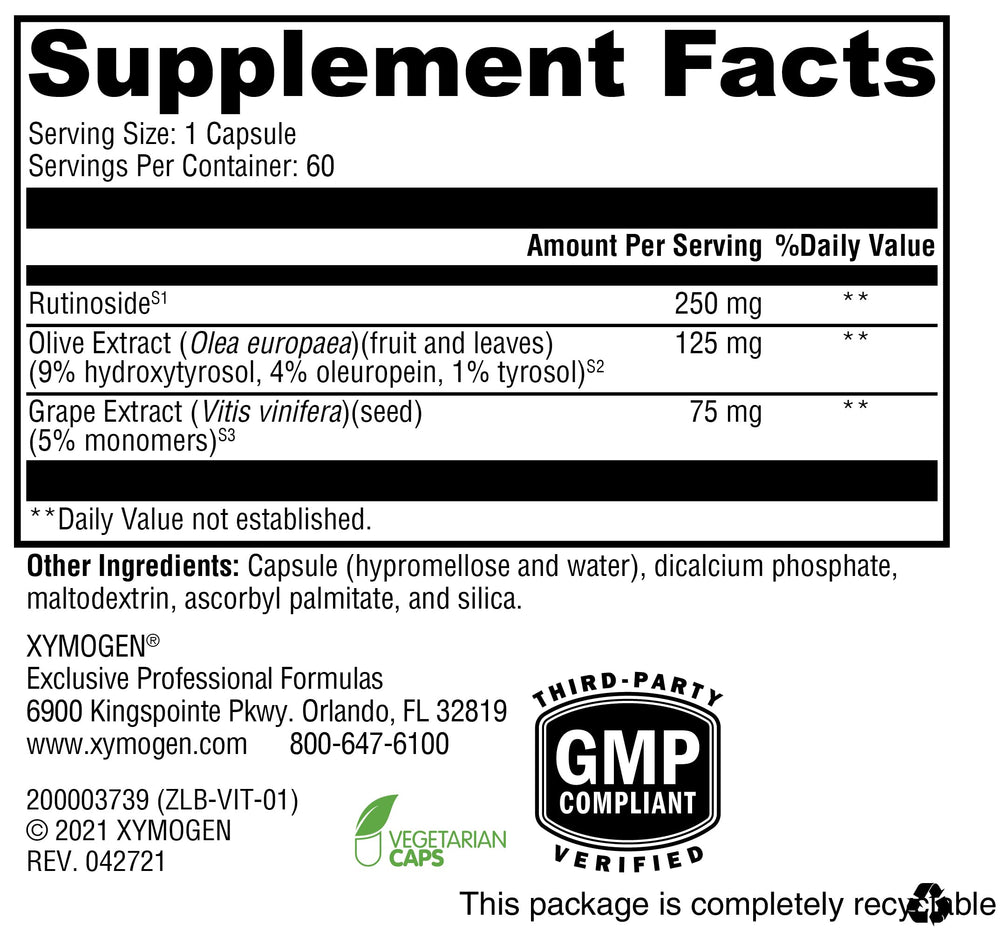 XYMOGEN VitalVasc ingredients in a glass bottle image suggesting purity.