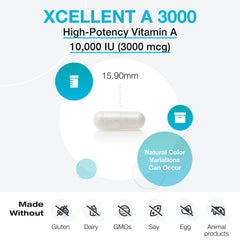 XYMOGEN Xcellent A bottle back label detailing ingredients for daily vitamin A support.