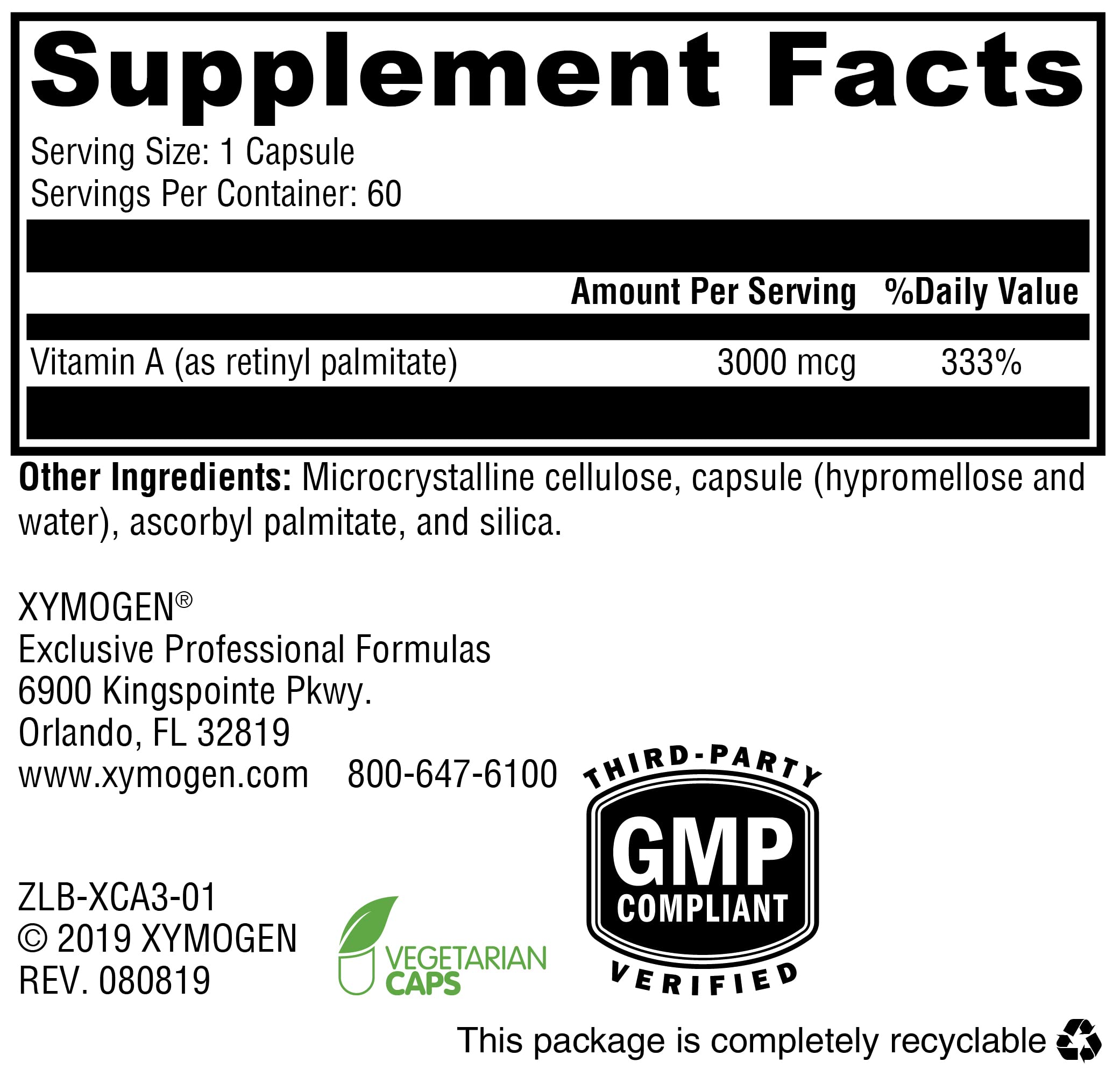 XYMOGEN Xcellent A nutrition facts panel to plan dosage and review ingredients.
