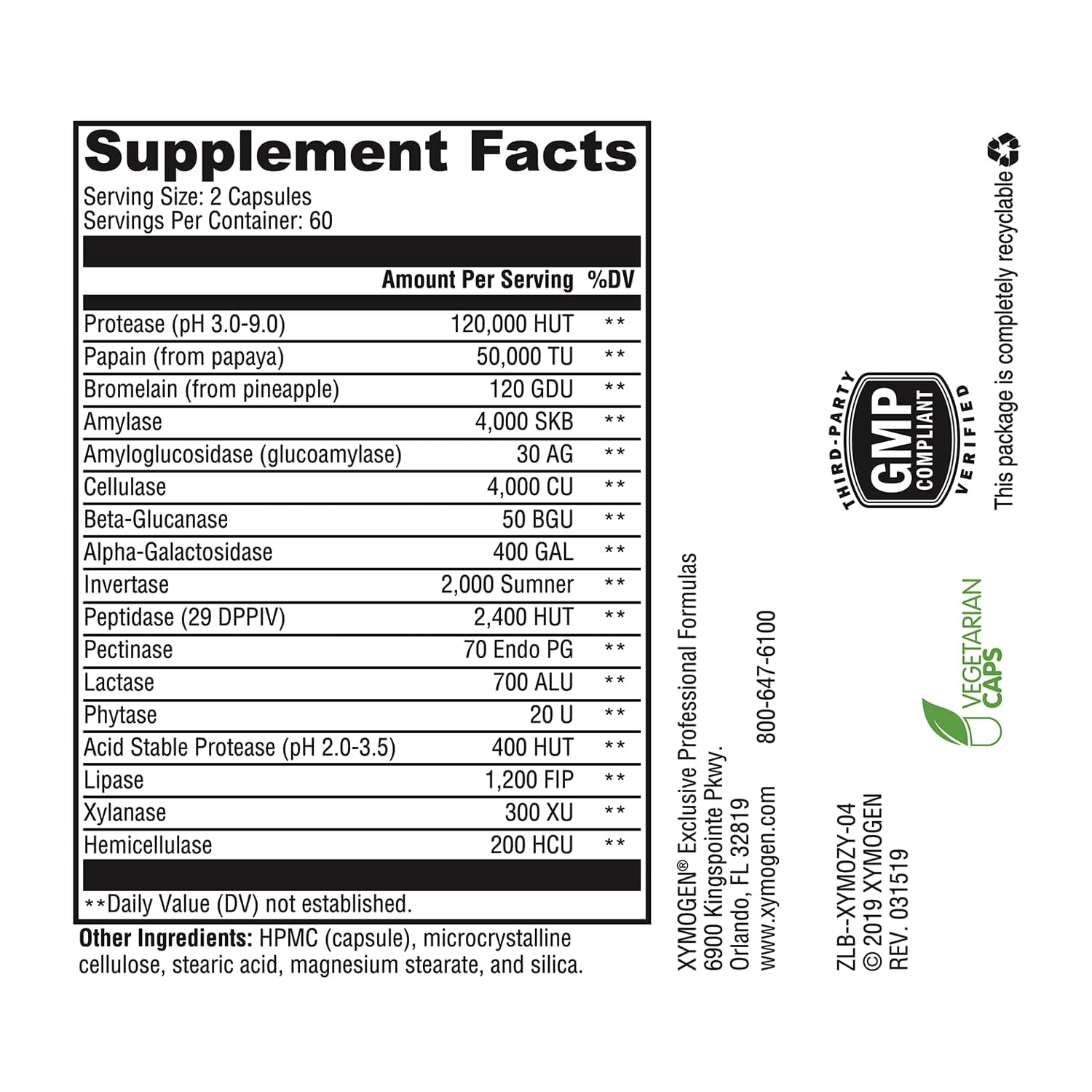 XYMOGEN XymoZyme capsules close-up highlighting plant-based enzymes