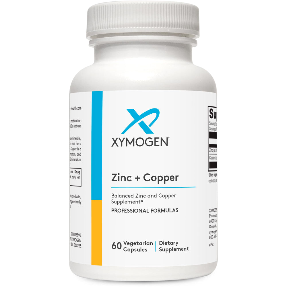 XYMOGEN Zinc+Copper 60 ct bottle close-up for balanced trace minerals
