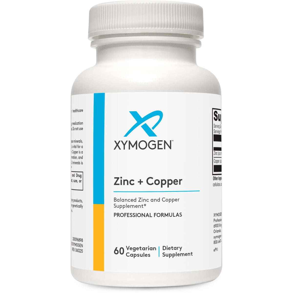 XYMOGEN Zinc+Copper 60 ct bottle close-up for balanced trace minerals