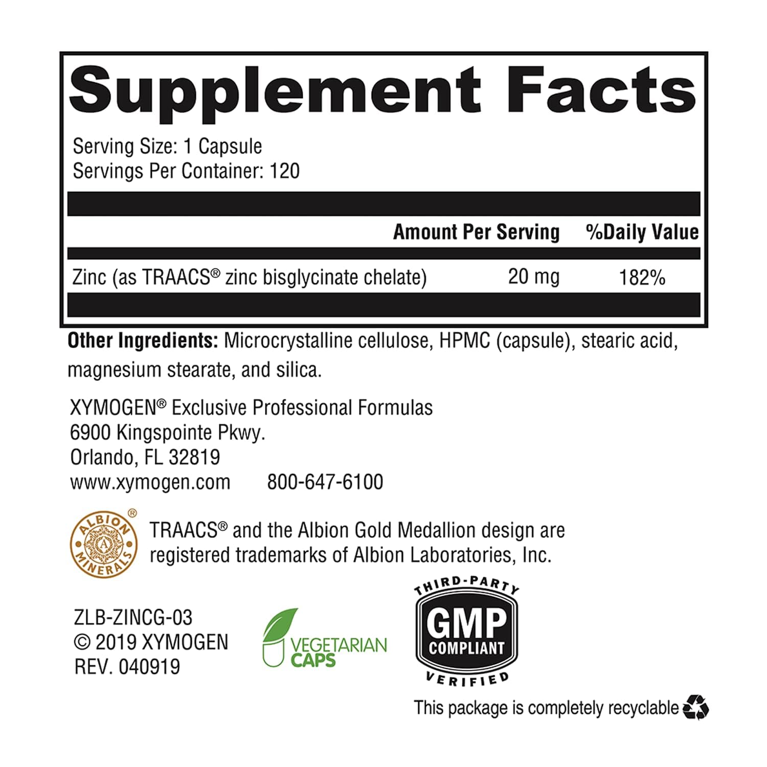 XYMOGEN zinc glycinate bottle label highlighting vegan formula