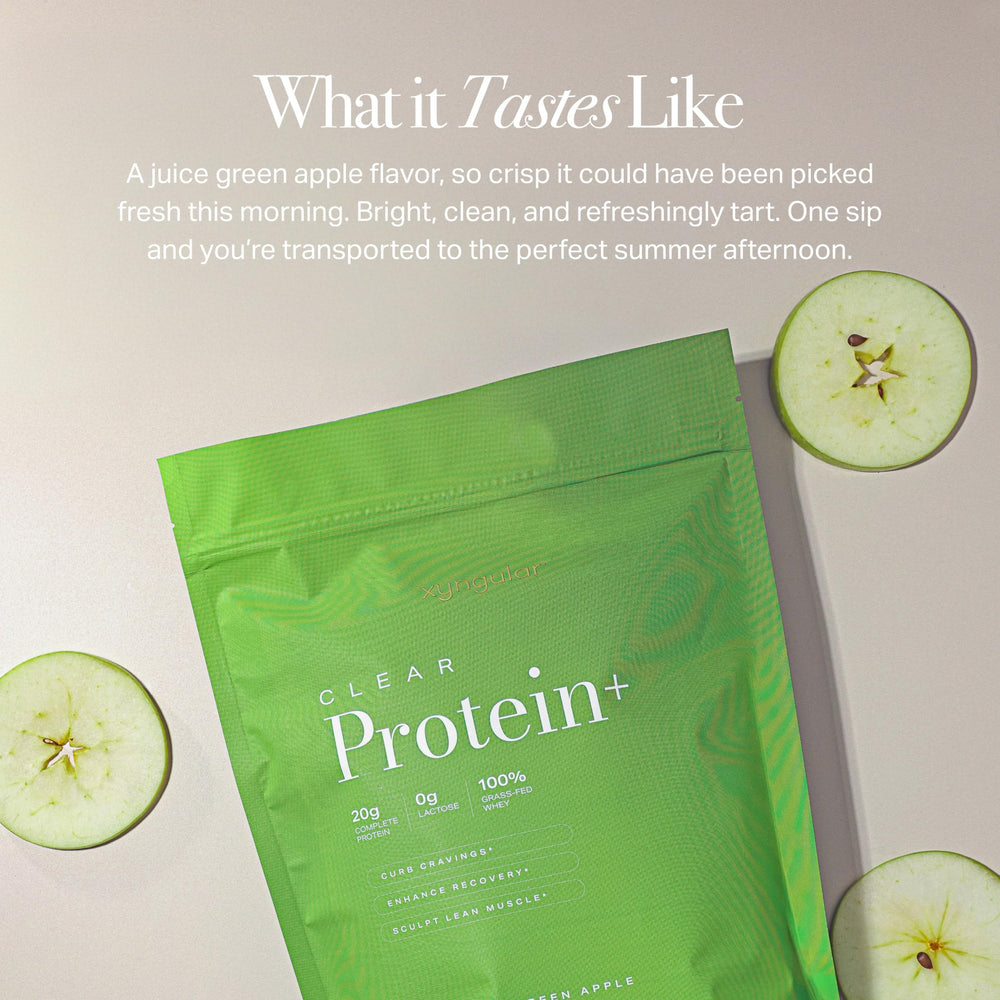 Xyngular Clear Protein+ label close-up highlighting grass-fed European whey