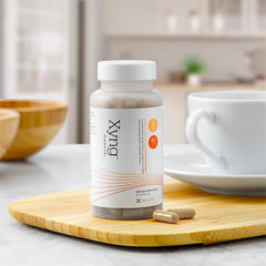 Xyngular Xyng energy label packaging shows 5-HTP and caffeine ingredients