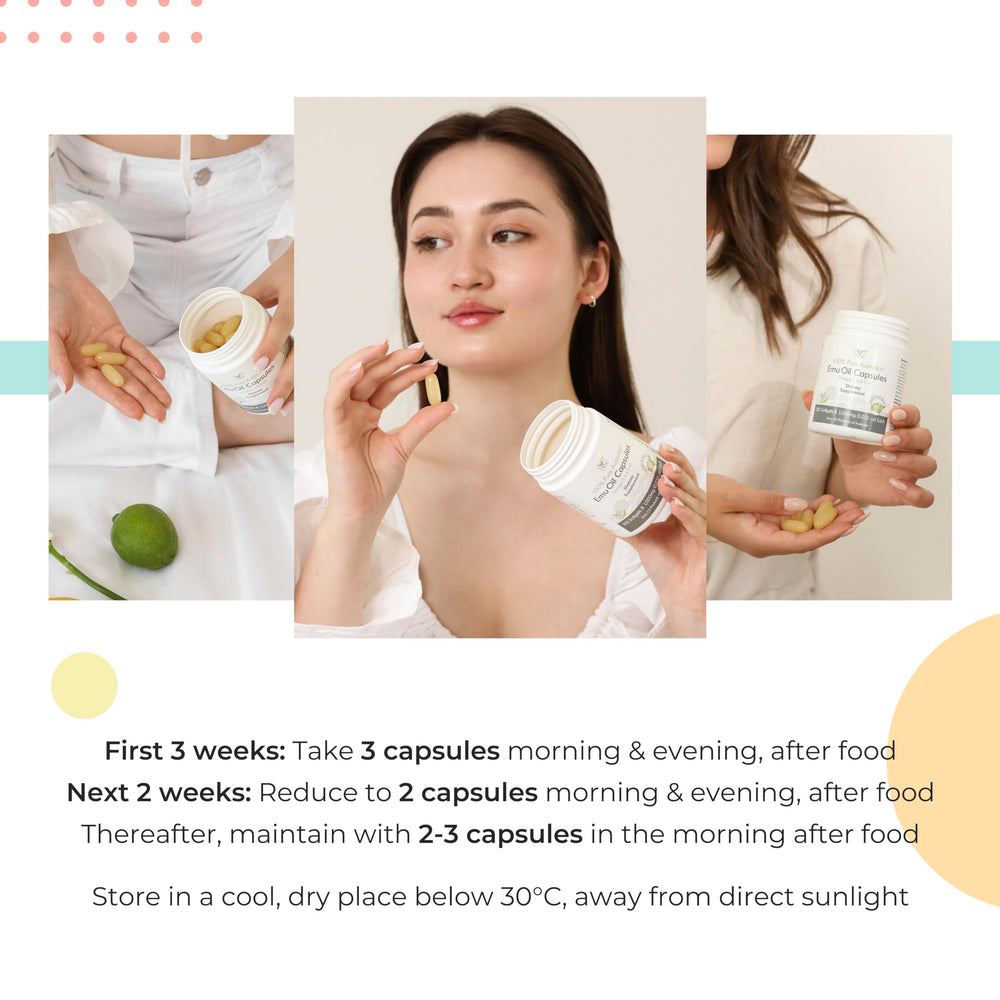 Y Not Natural Emu Oil Capsules ingredients chart highlights omega 3-6-9 blend.