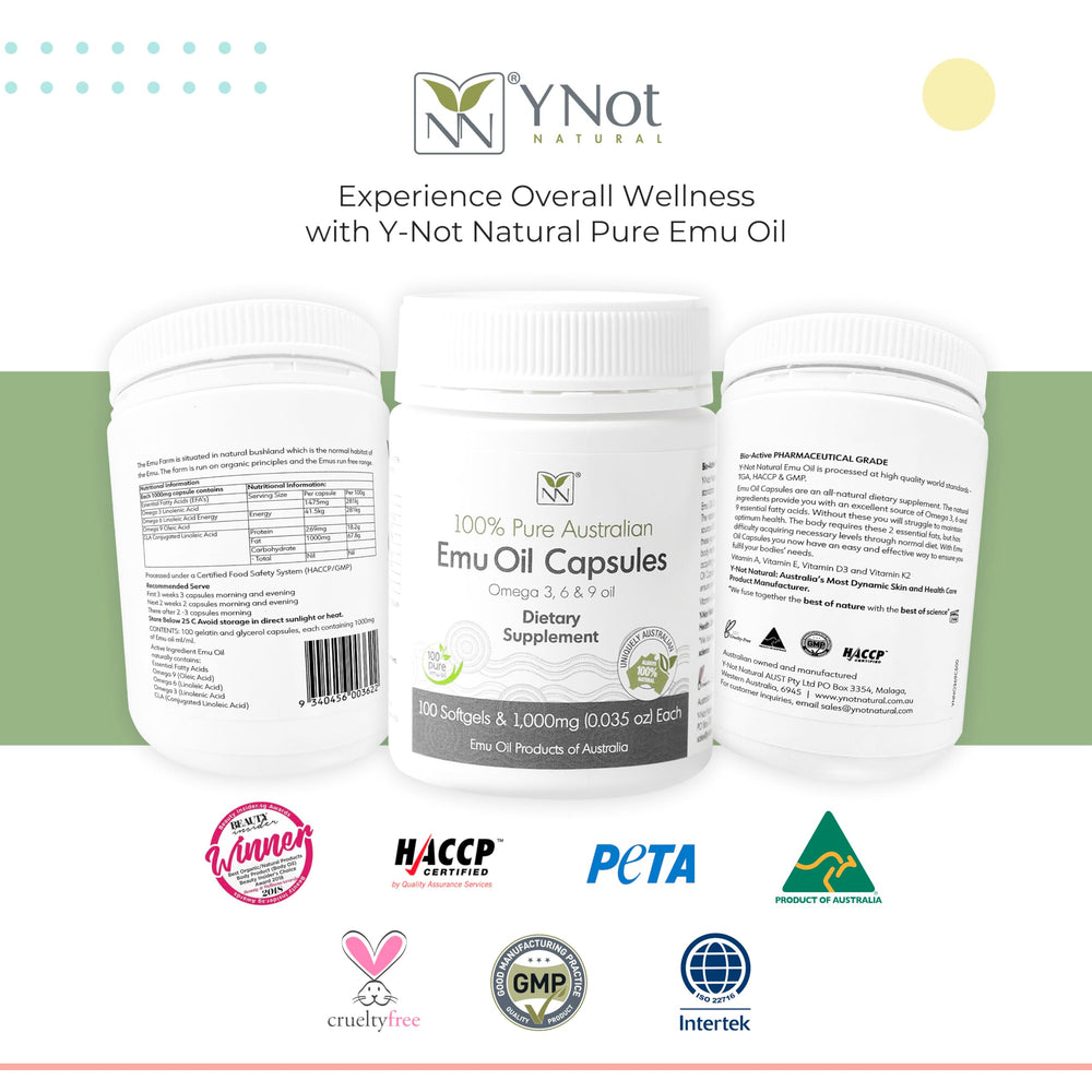 Y Not Natural Emu Oil Capsules ingredients panel with omega blend and vitamins