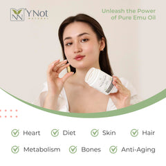 Y Not Natural Emu Oil Capsules label close-up shows pharmaceutical-grade purity.
