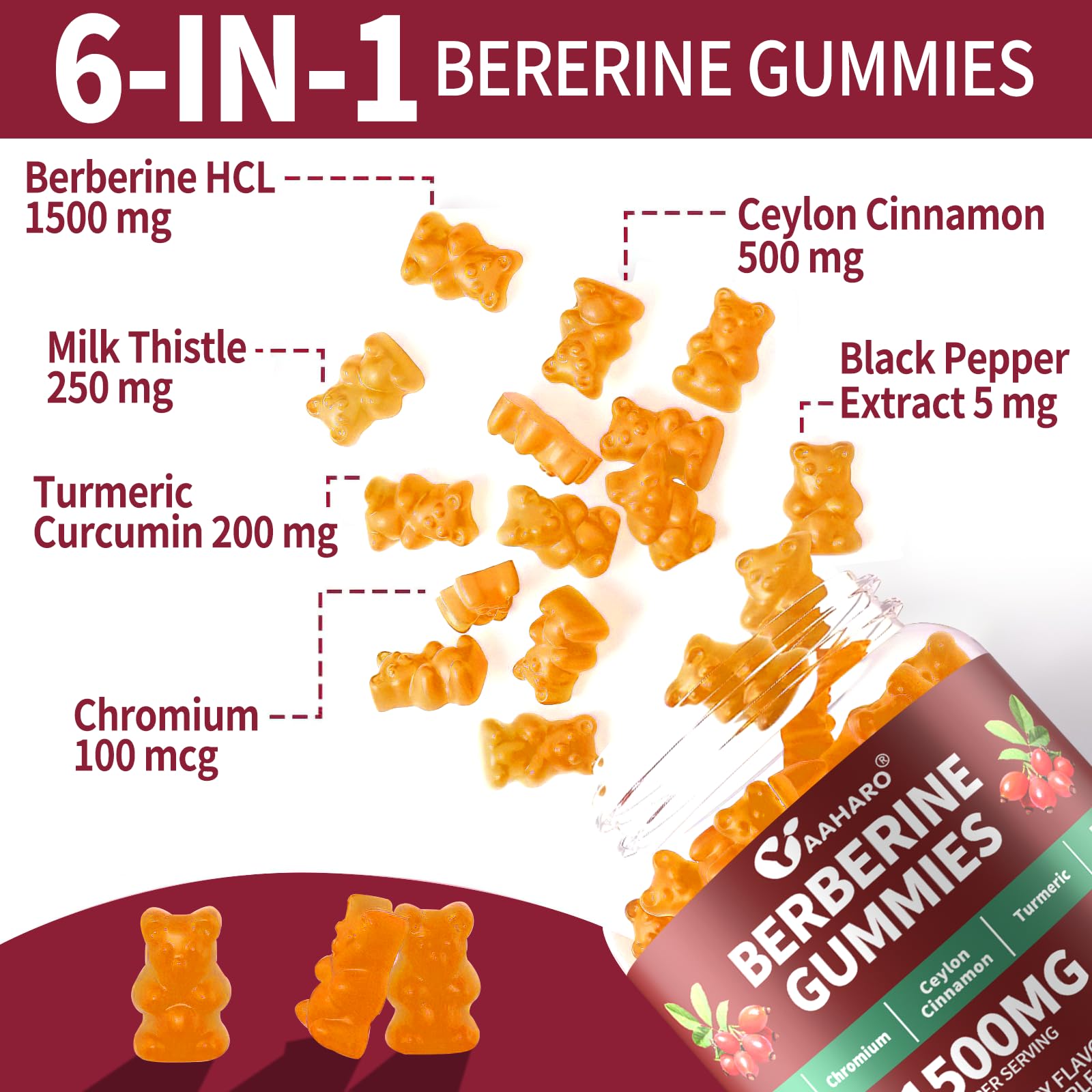 YAAHARO Berberine Cinnamon Gummies ingredients close-up lists berberine, cinnamon, turmeric and milk thistle