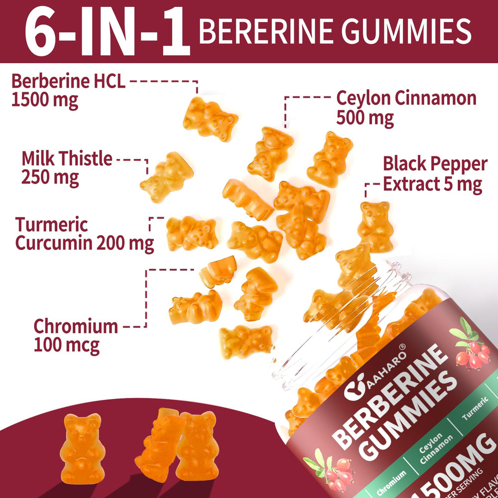 YAAHARO Berberine Cinnamon Gummies ingredients close-up lists berberine, cinnamon, turmeric and milk thistle