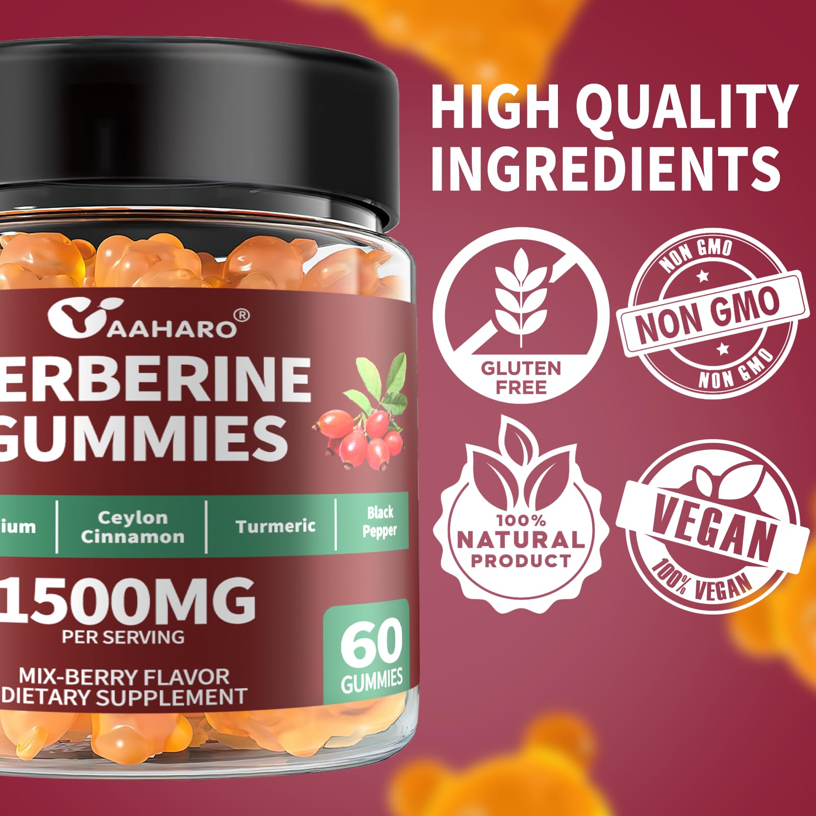YAAHARO Berberine Cinnamon Gummies vegan gluten-free badge indicates plant-based, allergen-friendly option
