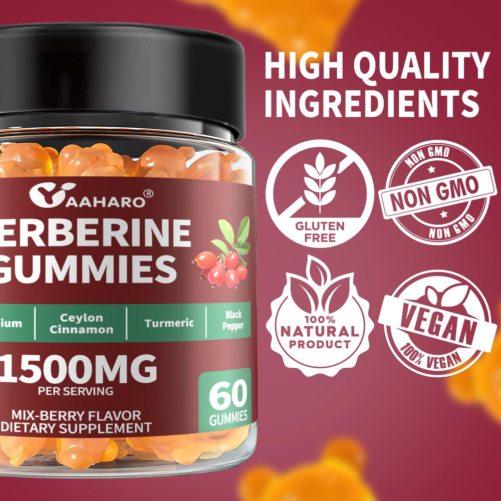 YAAHARO Berberine Cinnamon Gummies vegan gluten-free badge indicates plant-based, allergen-friendly option
