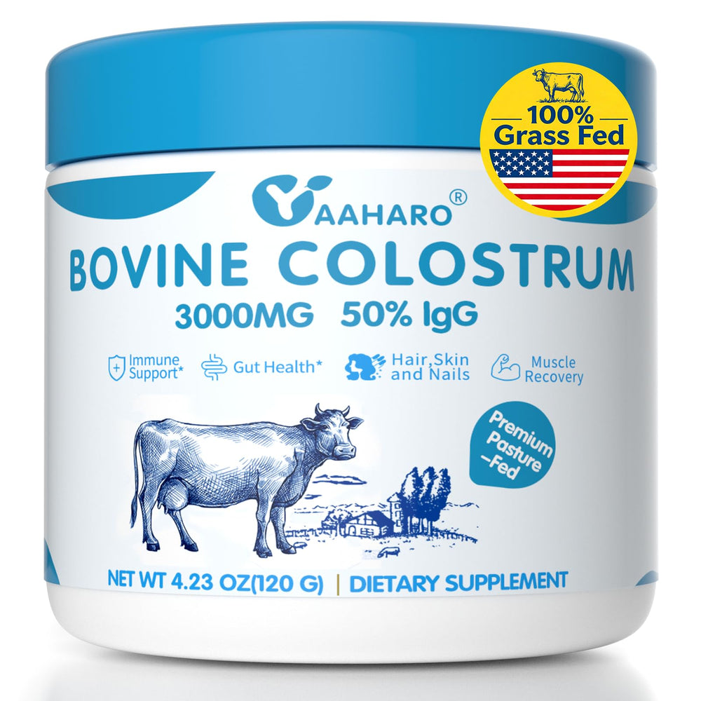 YAAHARO Colostrum powder tub highlighting grass-fed formulation for daily wellness