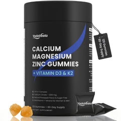 YadaVeela calcium-magnesium-zinc gummies bottle for easy daily bone support.