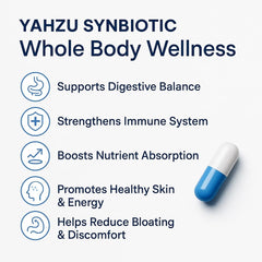 YAHZU Probiotic capsules emphasize gut balance and nutrient absorption support.