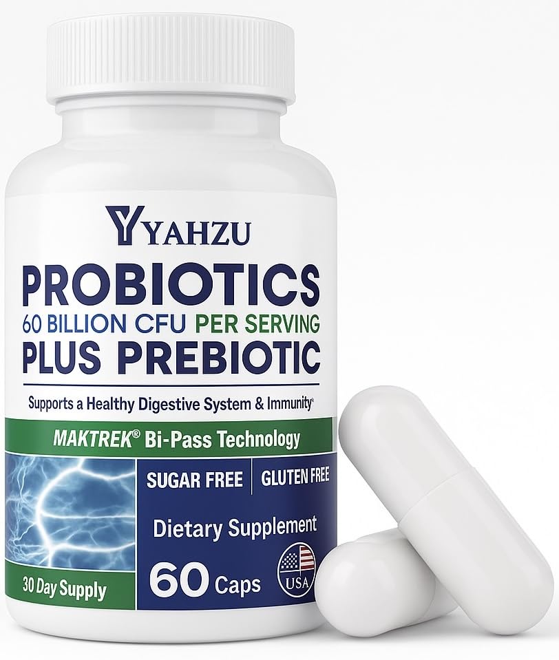 YAHZU Organic Synbiotic Probiotics bottle supports digestive balance and daily wellness.