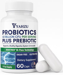 YAHZU Organic Synbiotic Probiotics bottle supports digestive balance and daily wellness.
