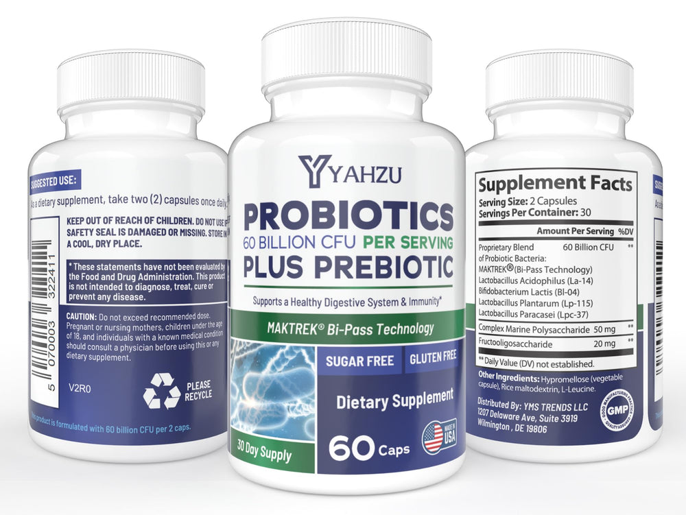 YAHZU Synbiotic capsules close-up demonstrate easy daily use for digestion support.