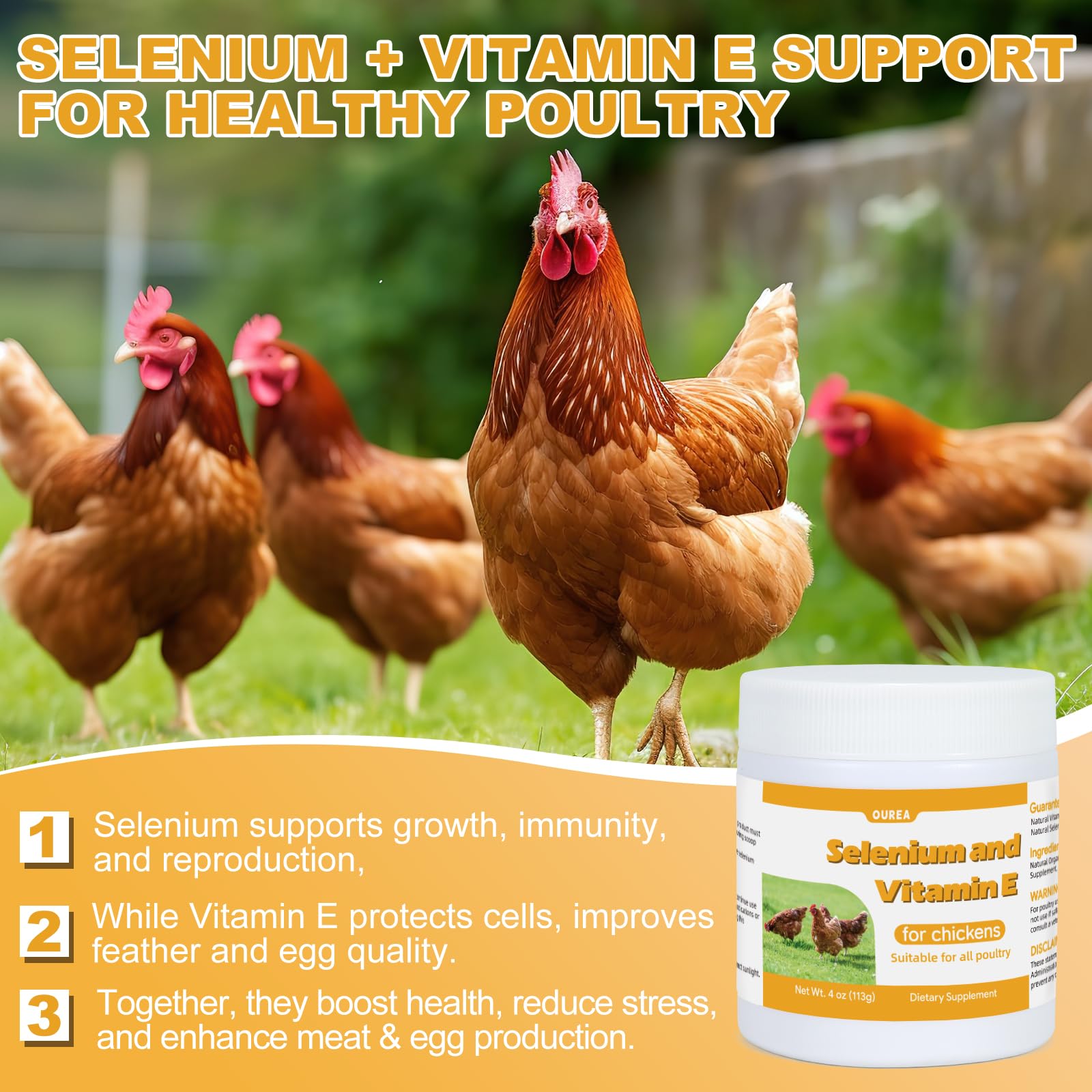 Chickens in a feeding scene with Yakucho E+S Poultry Vitality Formula included.