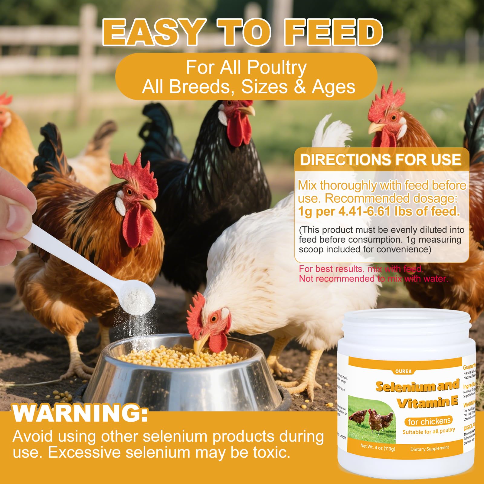 Flock mobility scene featuring Yakucho E+S Poultry Vitality Formula for active birds.