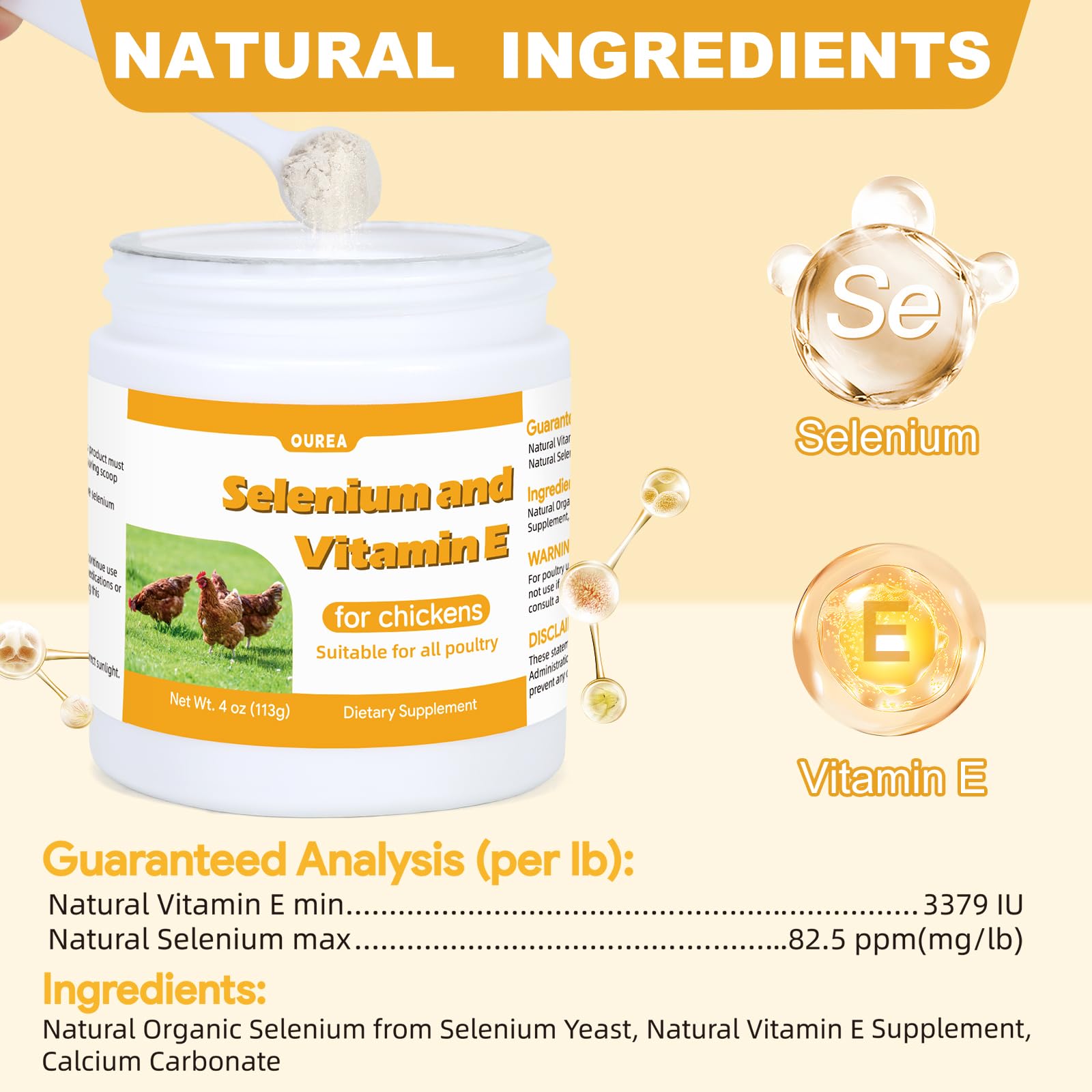 Measuring scoop shows precise dosing of Yakucho E+S Poultry Vitality Formula.
