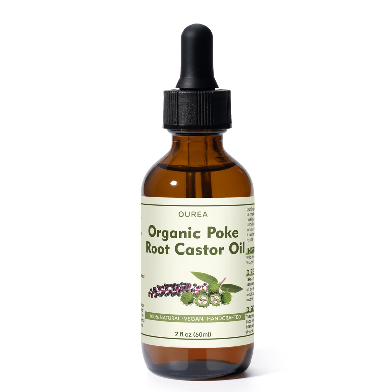 Ingredients listing poke root and castor oil for natural care.
