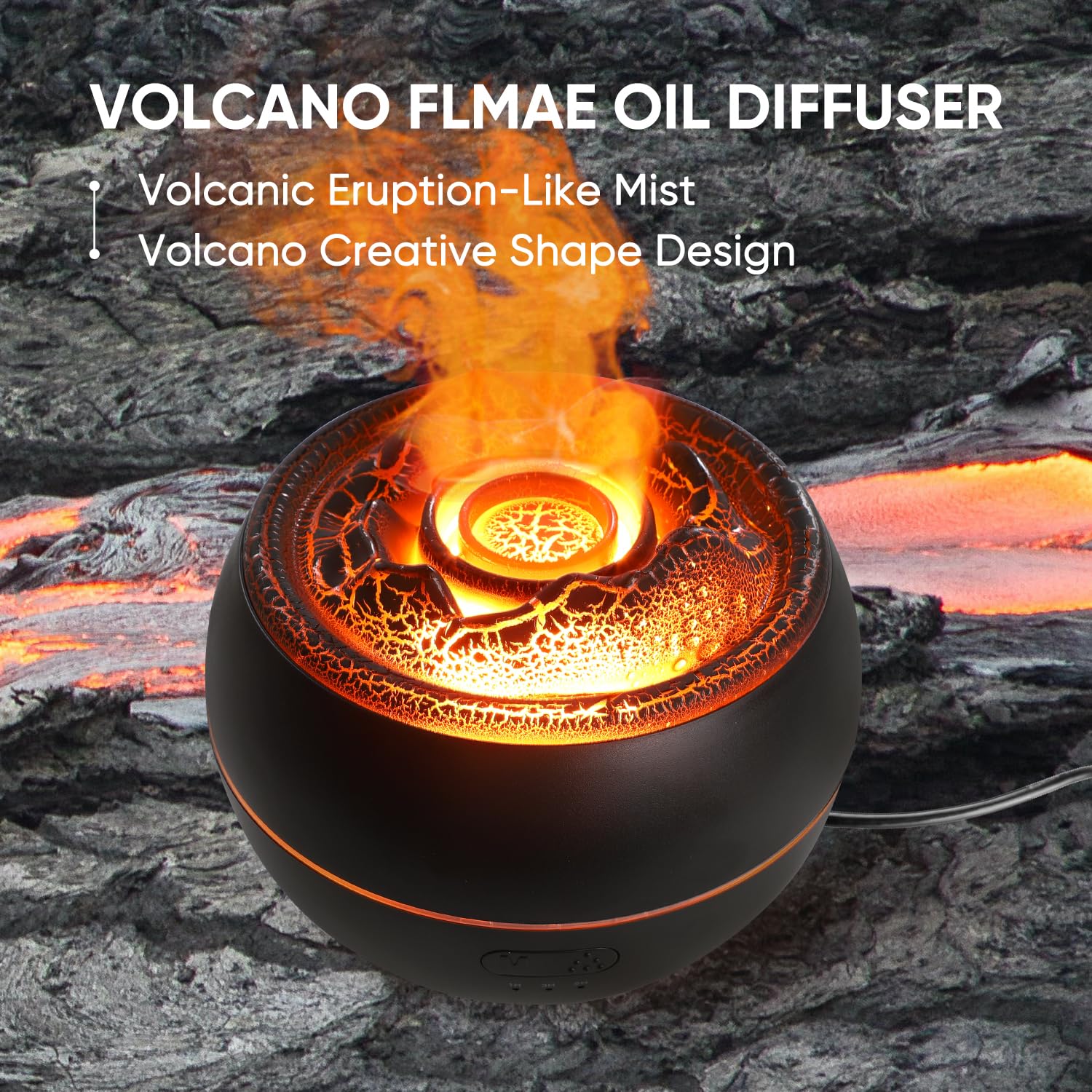 Yaledi Volcano Fire Diffuser mist with dynamic flame effect and color-changing lights.