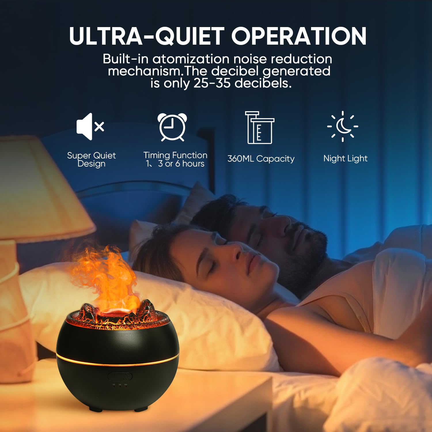 Yaledi Volcano Fire Diffuser operates quietly for nighttime use.