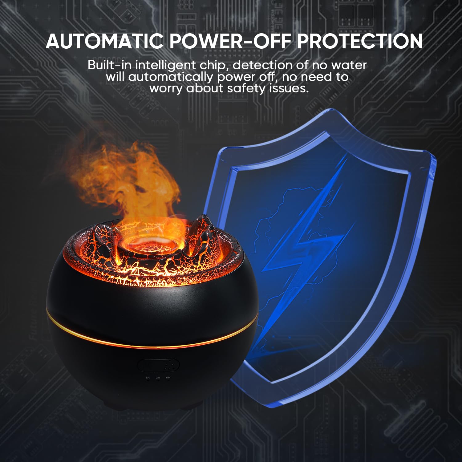 Yaledi Volcano Fire Diffuser features timer and auto shut-off.