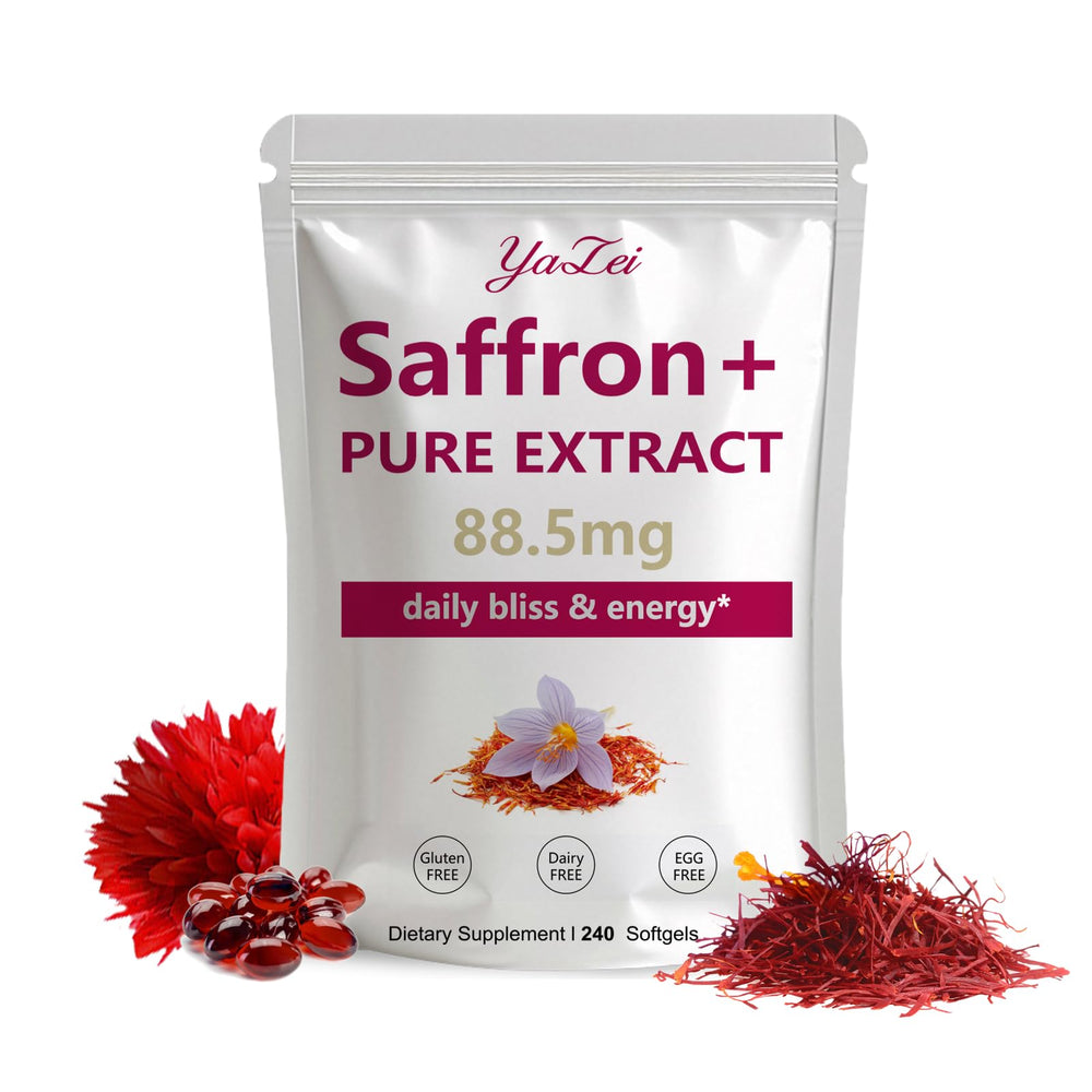 Yalei saffron extract benefits infographic shows energy and calm possibilities.