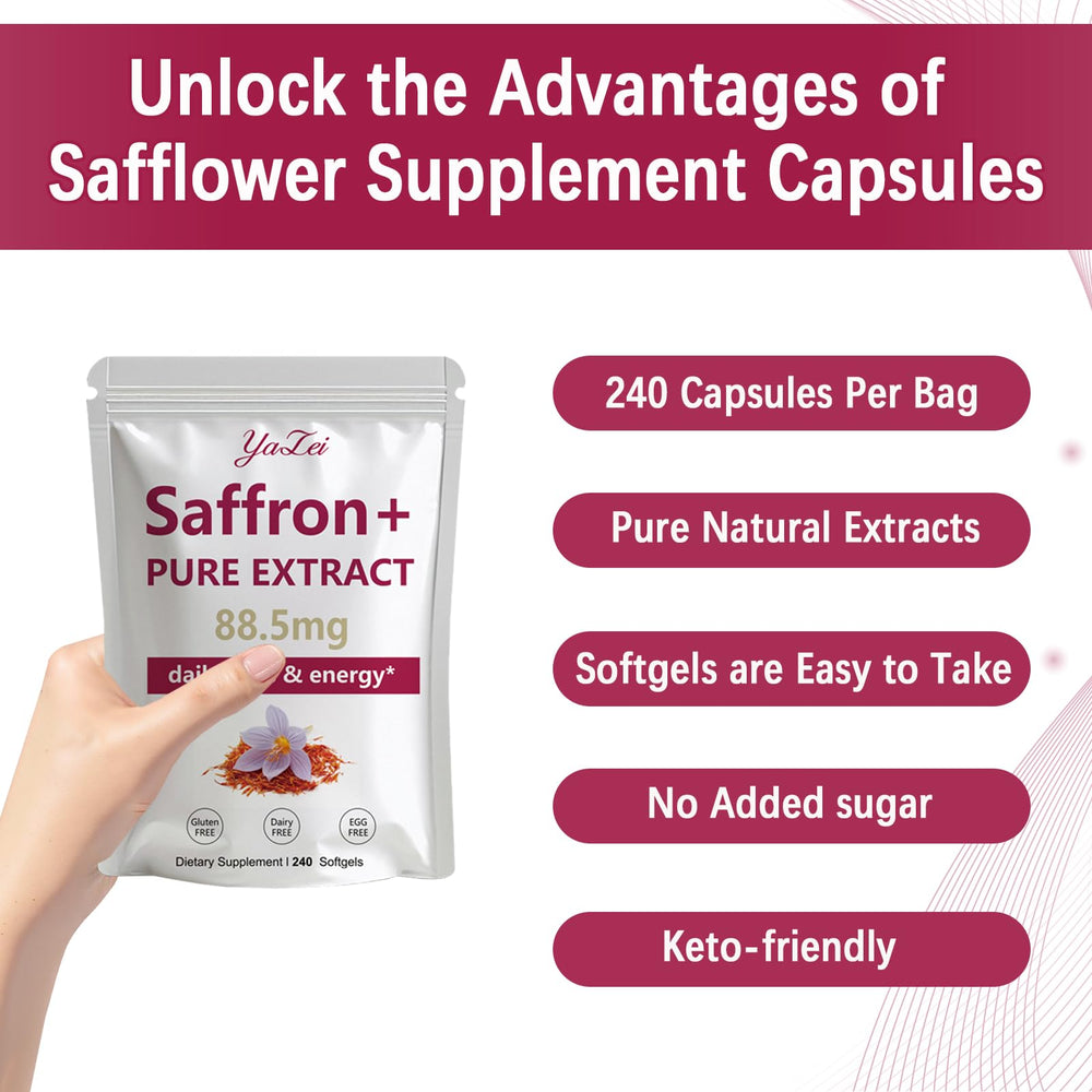 Yalei saffron extract softgels close-up highlights easy-to-swallow capsules for everyday balance.