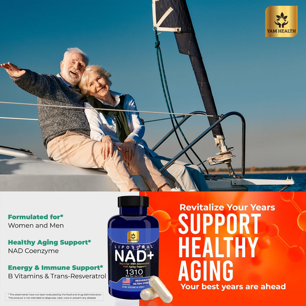 YAM Health Liposomal NAD capsules close-up emphasizes high absorption and quality