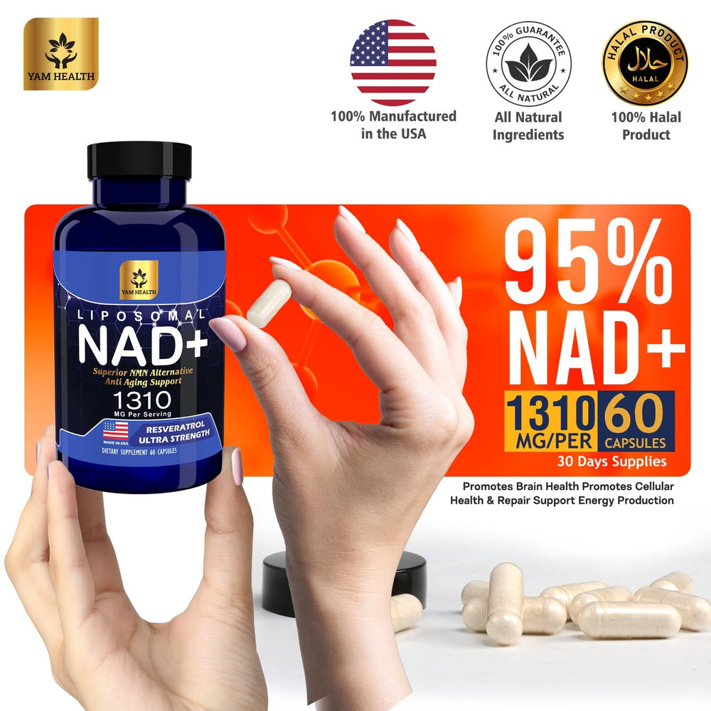 YAM Health Liposomal NAD label close-up highlights premium formulation and clean ingredients