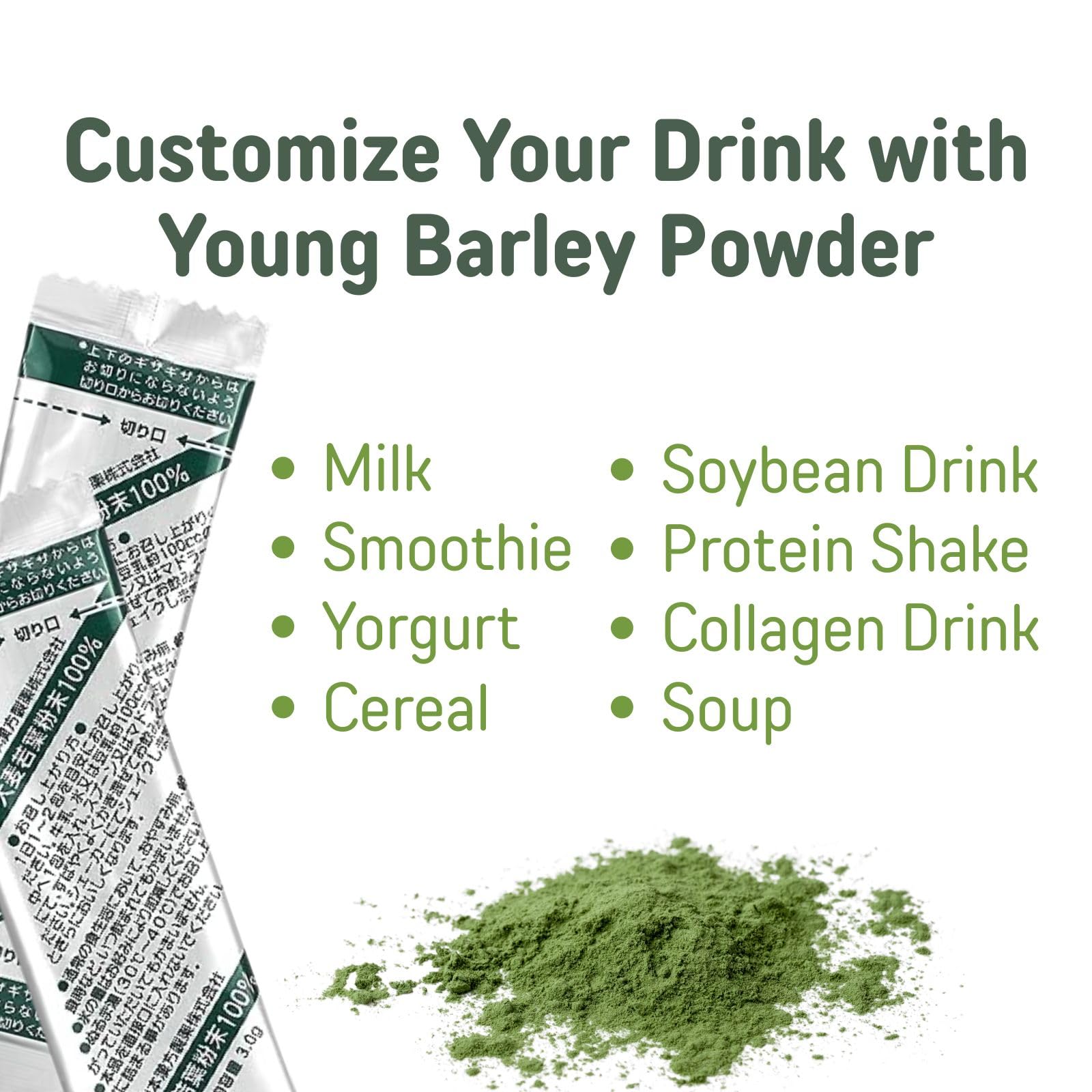 Yamamoto Kanpoh Yamakan Young Barley Grass Powder kitchen scene with greens.