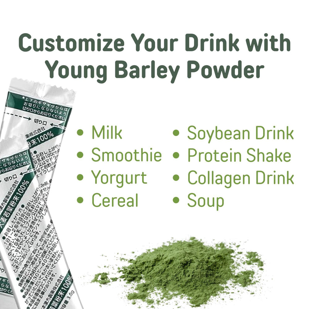 Yamamoto Kanpoh Yamakan Young Barley Grass Powder kitchen scene with greens.