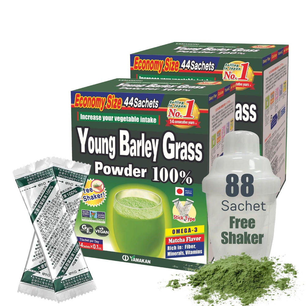 Yamamoto Kanpoh Yamakan Young Barley Grass Powder bottle close-up with daily energy support.