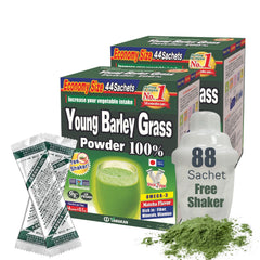 Yamamoto Kanpoh Yamakan Young Barley Grass Powder bottle close-up with daily energy support.