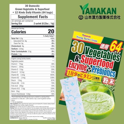 Yamamoto Kanpoh Yamakan greens label shows fiber and prebiotic content