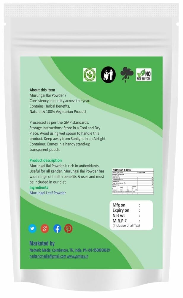 YAMKAY Moringa Leaf Powder scoop beside jar for easy daily dosing.