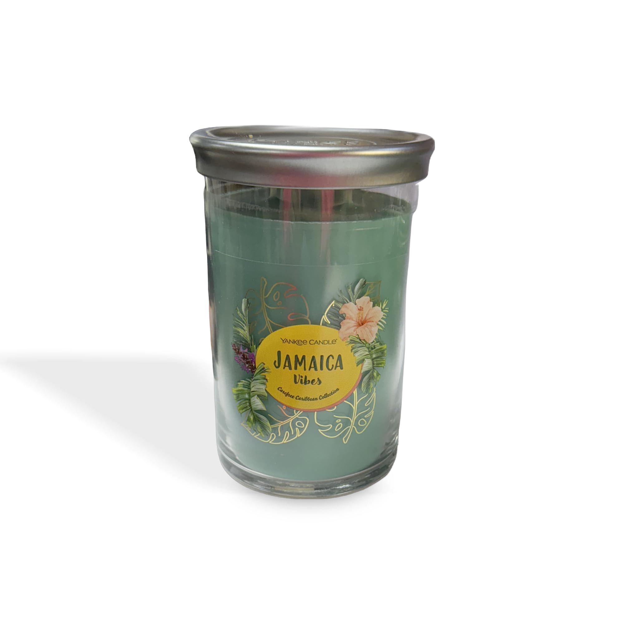 Yankee Candle Jamaica Vibes tumbler with tropical palm and patchouli aroma for relaxing spaces.