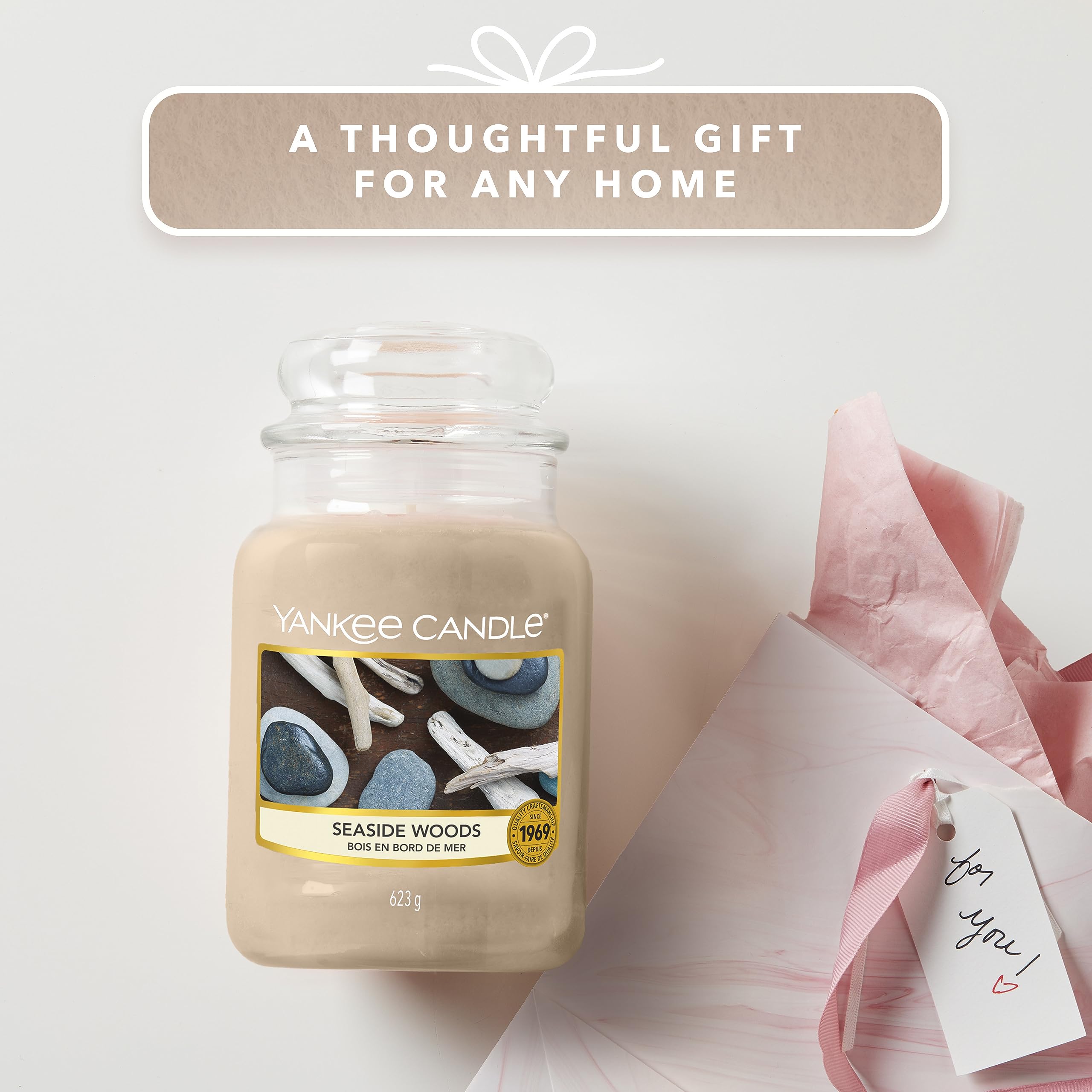 Yankee Candle Seaside Woods jar back view revealing packaging details for gifting