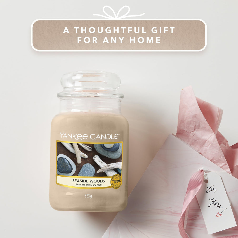 Yankee Candle Seaside Woods jar back view revealing packaging details for gifting