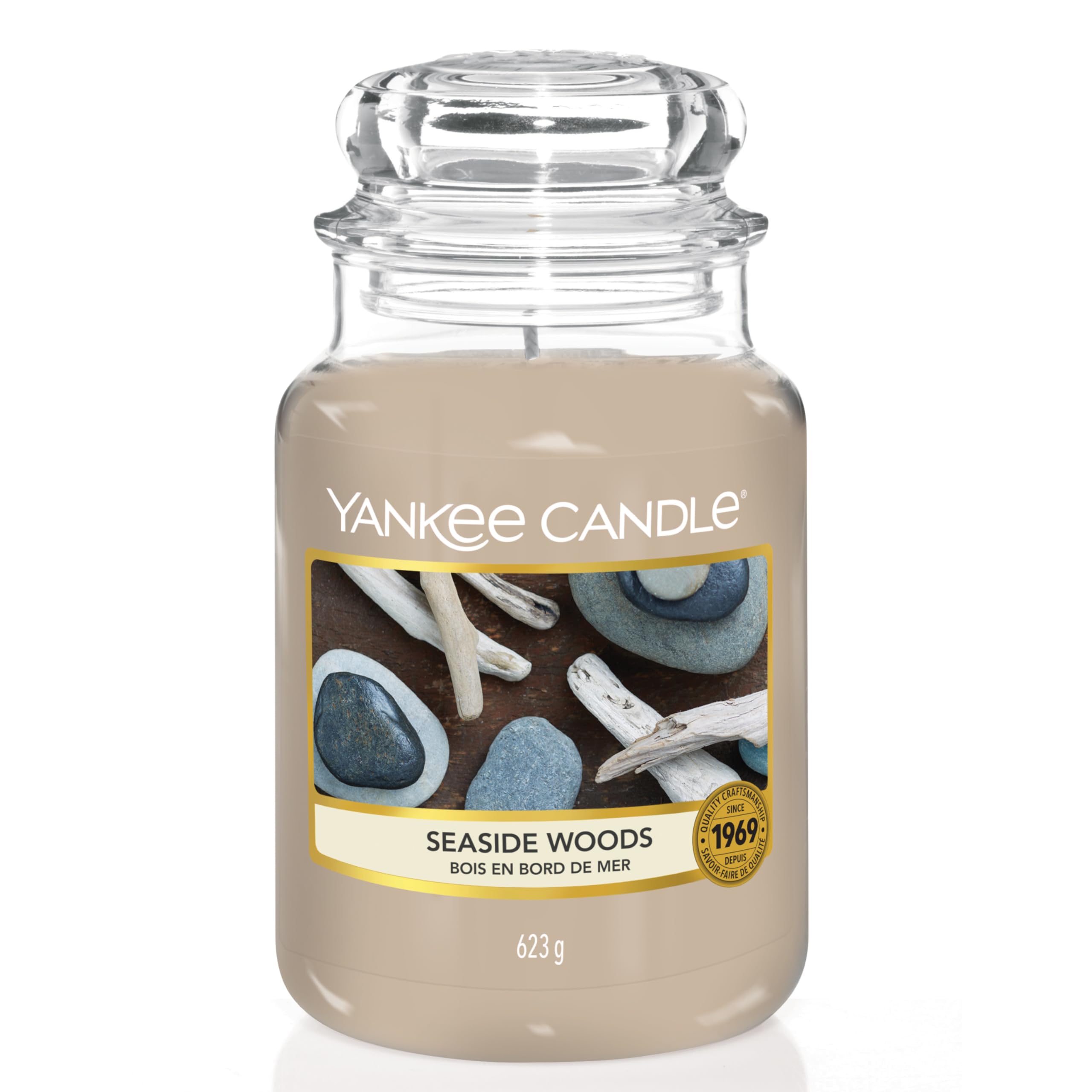 Yankee Candle Seaside Woods jar front view showing classic design and lasting fragrance