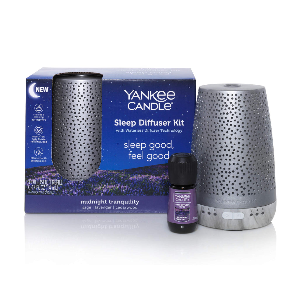 Yankee Candle Sleep Diffuser silver packshot shows a calm, mess-free setup.