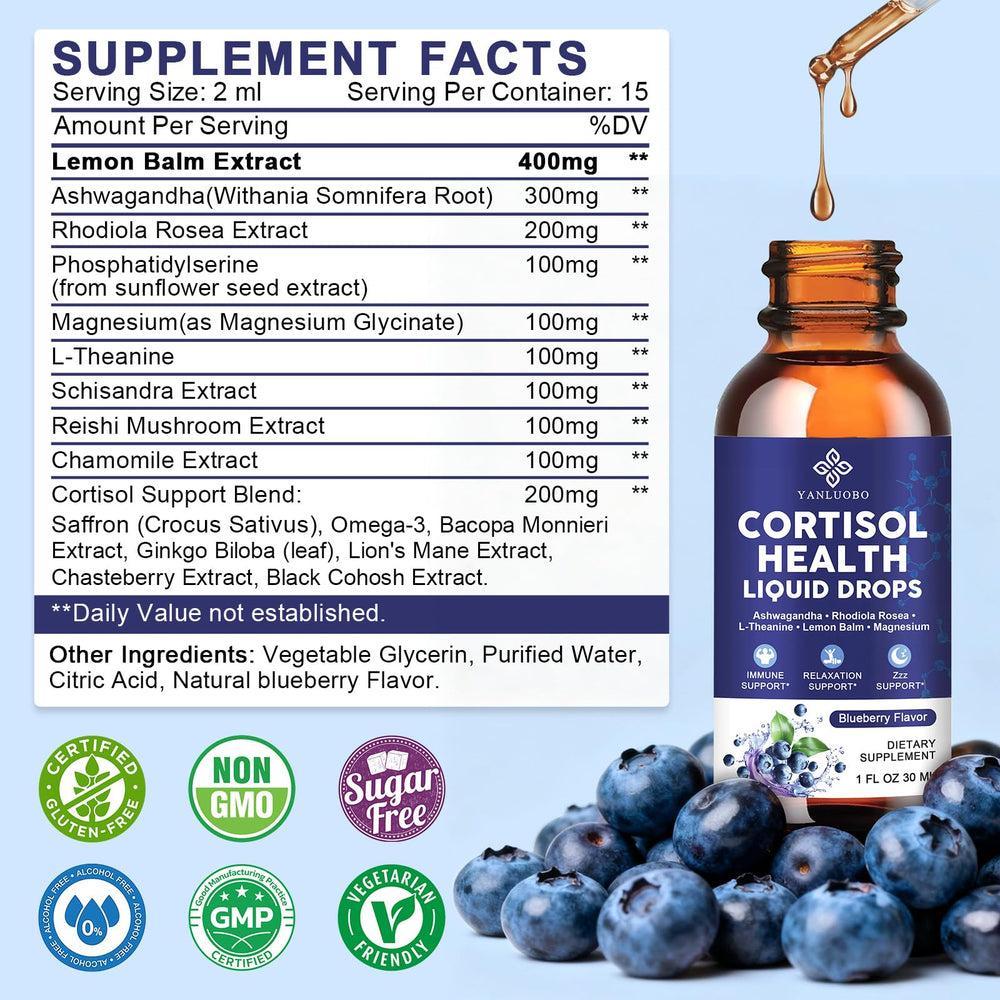 YANLUOBO Cortisol Manager blueberry flavor drops show convenient daily use for calm focus