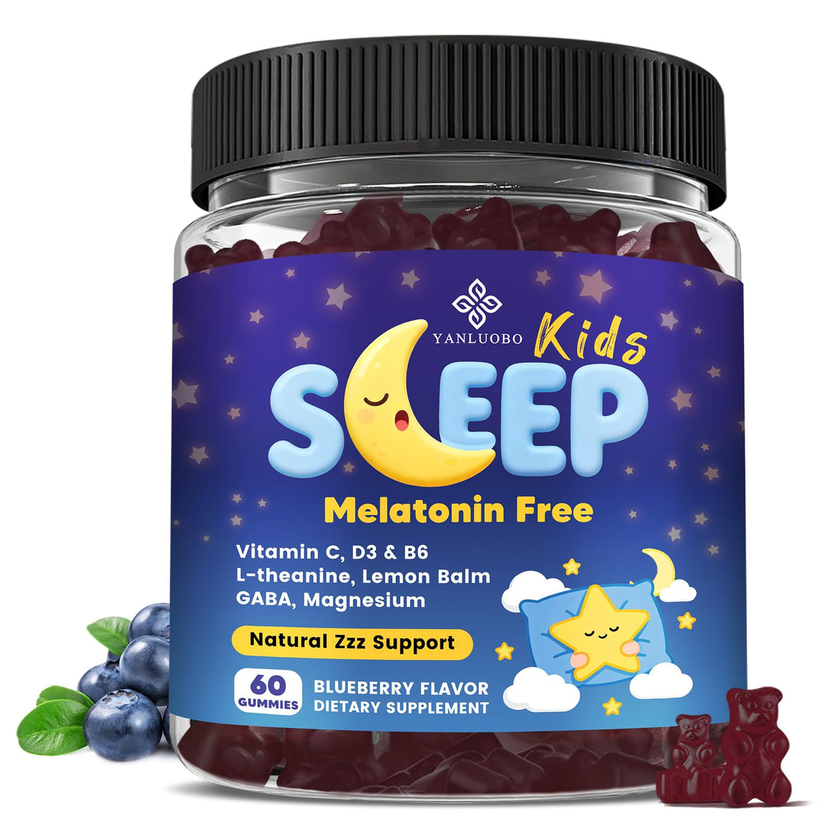 YANLUOBO Kids Sleep Gummies berry bottle promotes a calm bedtime routine.