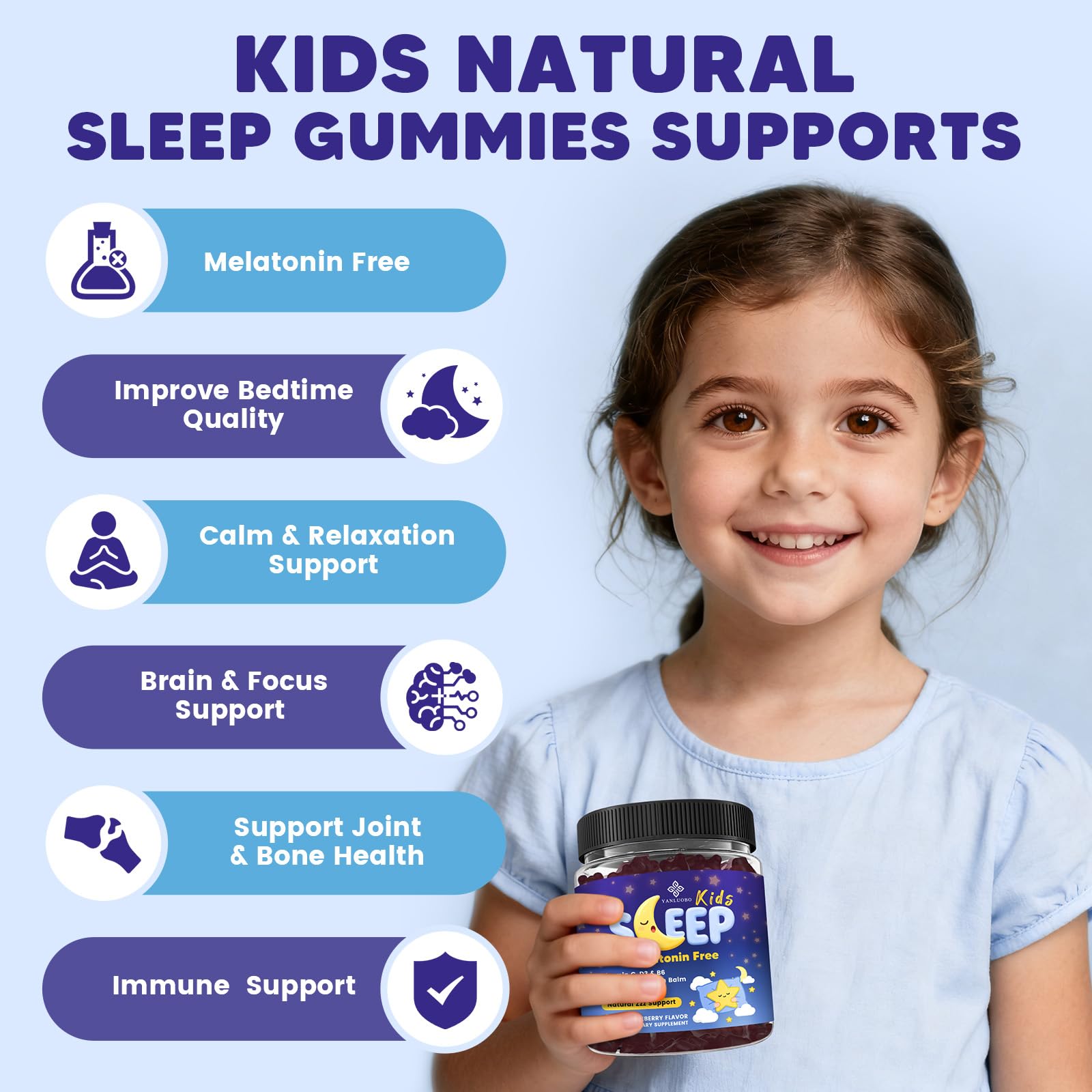 YANLUOBO lab-tested formulation highlights safe, quality ingredients for kid-friendly bedtime support.