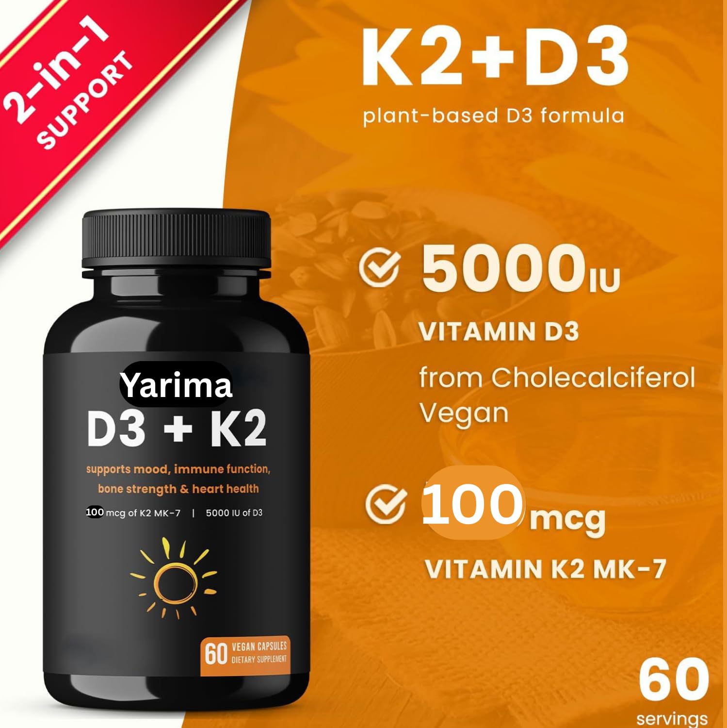 Capsule closeup of Yarima D3 and K2 supplement for daily intake