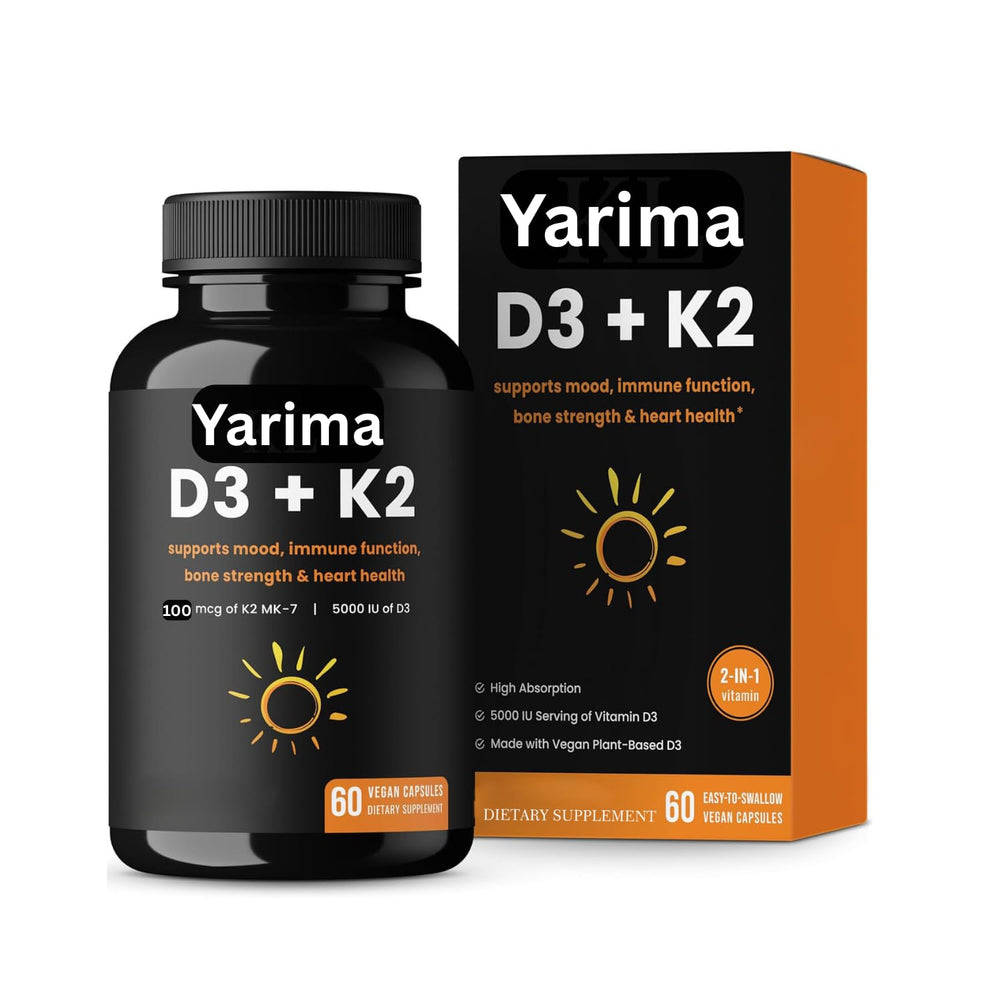 Yarima Vitamin D3 + K2 bottle highlighting vegan formula for bone support